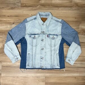 Levi's Premium Color block Light and Dark Blue Denim Jacket Raw Hem Jean Trucker
